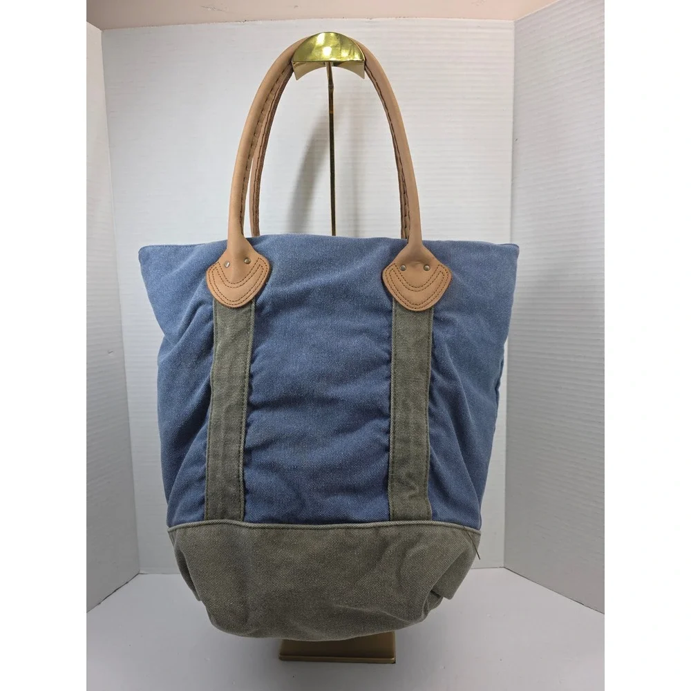 LL Bean Canvas Tote Bag Blue Olive Green Leather Handles Plaid Lining Monogram - Picture 2 of 6